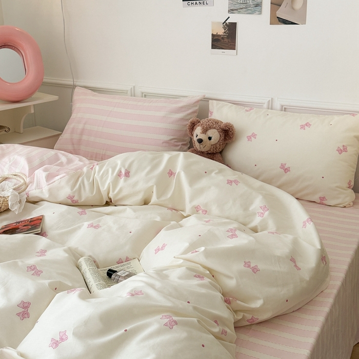 91家纺网 家纺一手货源 找家纺 昔可家纺 2024心动蝴蝶结系列四件套 点点粉蝴蝶结