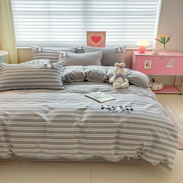 91家纺网 家纺一手货源 找家纺 2024蜜柚新品直播电商全棉13372ins博主风刺绣四件套 条纹熊猫