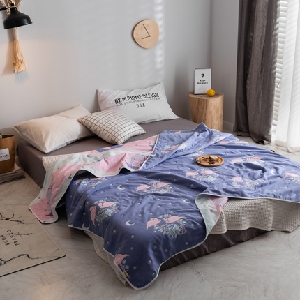 朴尔2024经典六层纱布全棉毛巾被系列-朴尔经典款常年备货 呦呦鸟蓝