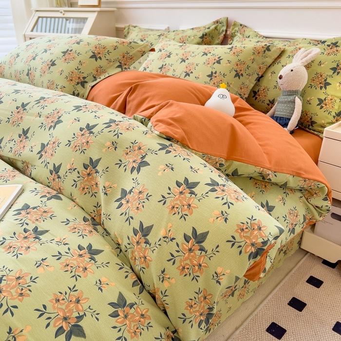 91家纺网 家纺一手货源 找家纺 宝士康家纺 2024新款水洗棉麻双层纱四件套系列  花漫