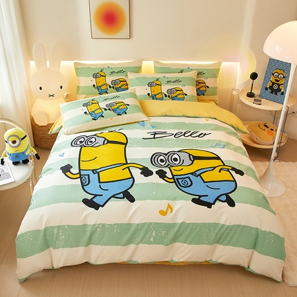 鑫帝家居 2025新款全棉活性印花四件套---小黄人系列 奔跑小黄人-绿条