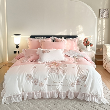 绒世界 2024新款艾芙妮全棉蕾丝花边刺绣床单床笠四件套礼盒包装 优雅粉