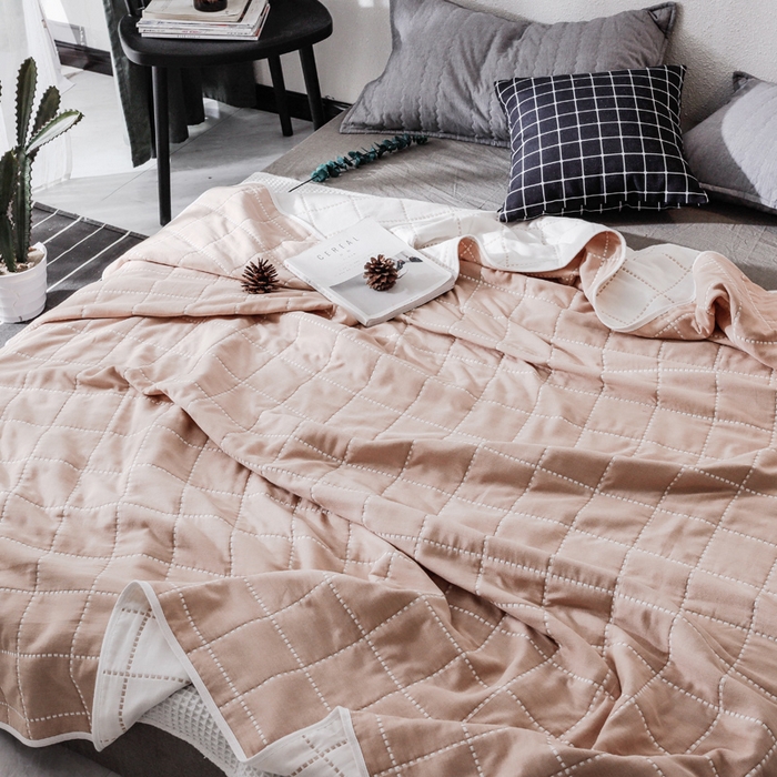 91家纺网 家纺一手货源 找家纺 朴尔2024经典六层纱布全棉毛巾被系列-朴尔经典款常年备货 时尚虚线-豆沙