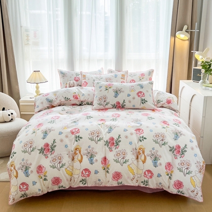 91家纺网 家纺一手货源 找家纺 （总）洁柔供应链 2024新款印花水洗双层纱贝壳绣四件套    直播爆款