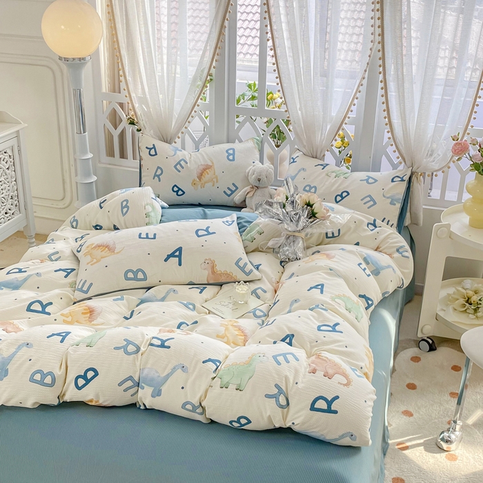 91家纺网 家纺一手货源 找家纺 牛牛家纺 牛牛  2024新款泡泡棉小清新四件套(1) 字母恐龙