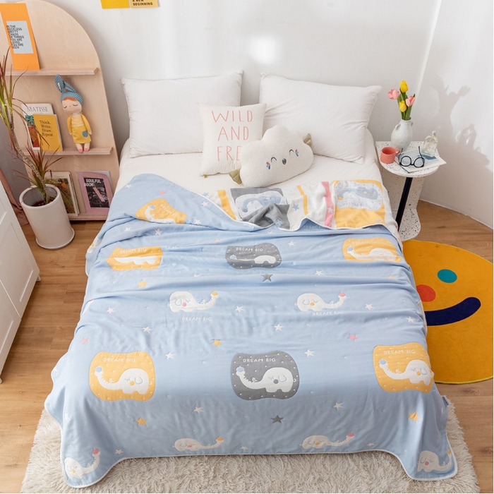 91家纺网 家纺一手货源 找家纺 朴尔家纺-毛巾被 2024新款卡漫风格全棉六层纱毛巾被 长鼻象-兰