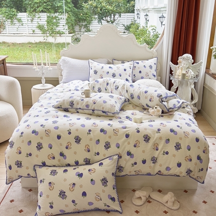 91家纺网 家纺一手货源 找家纺 （总）洁柔供应链 2024新款印花水洗双层纱贝壳绣四件套    直播爆款