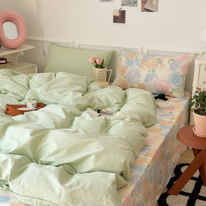 91家纺网 家纺一手货源 找家纺 昔可家纺 2024新款韩式混搭系列四件套 油画绿