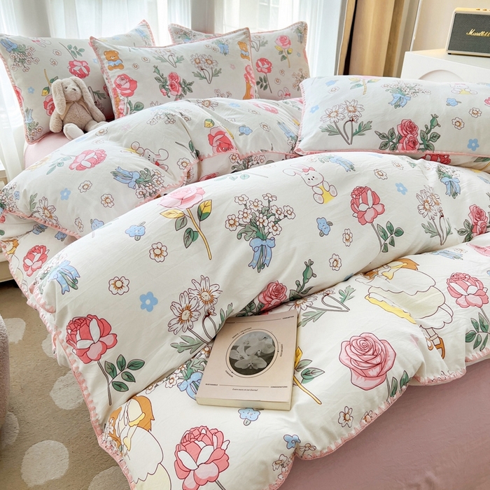 91家纺网 家纺一手货源 找家纺 洁柔供应链 2024新款印花水洗双层纱贝壳绣四件套    直播爆款 玫瑰花