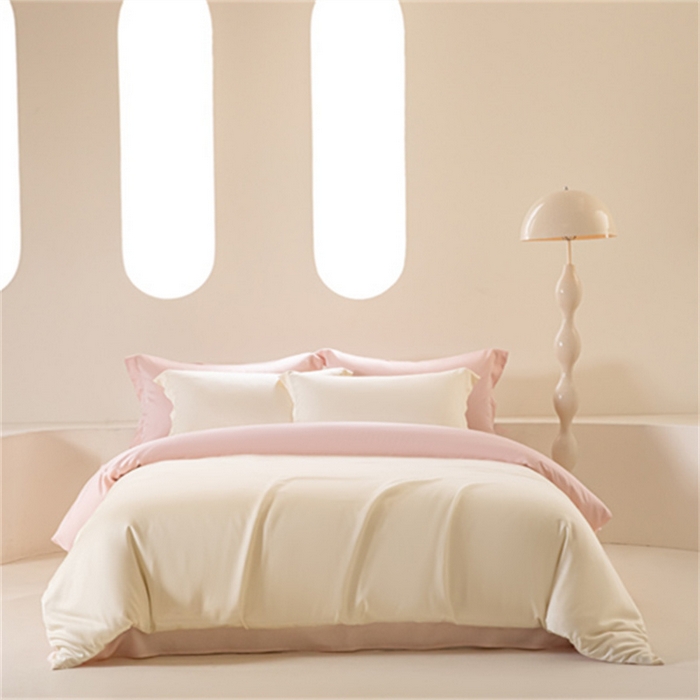 91家纺网 家纺一手货源 找家纺 涵宸 2024新款兰精天丝棉纯色四件套 四件套-象牙白+肉桂粉