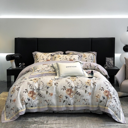 若未家居 2025新款50S复古风花卉数码印花撞色双拼角宽边款四件套  气质灰