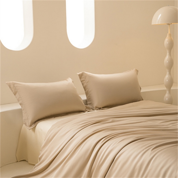 91家纺网 家纺一手货源 找家纺 涵宸 2024新款兰精天丝棉纯色四件套 四件套-奶茶杏+象牙白