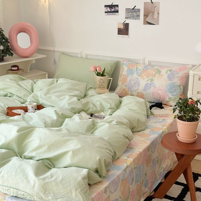 91家纺网 家纺一手货源 找家纺 昔可家纺 2024新款韩式混搭系列四件套 油画绿