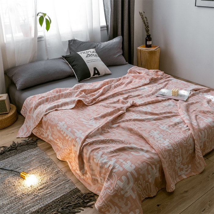 91家纺网 家纺一手货源 找家纺 朴尔家纺-毛巾被 2024新款三层水洗棉全棉纱布毛巾被 仙人掌-粉