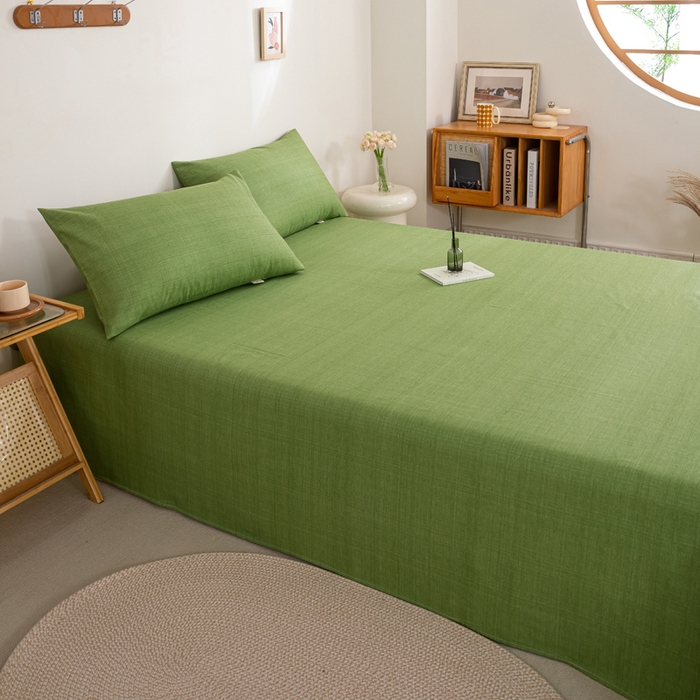 91家纺网 家纺一手货源 找家纺 九沐良品 新款全棉无印老粗布单品床单+三件套 樱花-绿