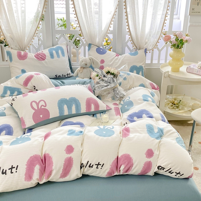 91家纺网 家纺一手货源 找家纺 牛牛家纺 牛牛  2024新款泡泡棉小清新四件套(1) 七彩兔