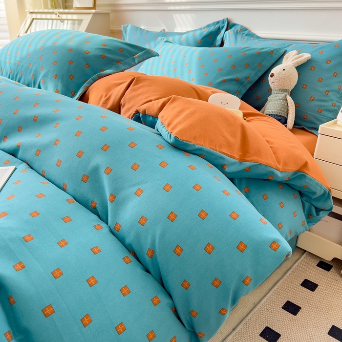 91家纺网 家纺一手货源 找家纺 宝士康家纺 2024新款水洗棉麻双层纱四件套系列  朴素蓝