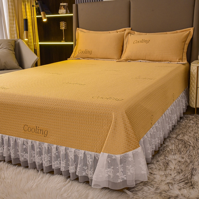 91家纺网 家纺一手货源 找家纺 艾迪尚家纺 2025新款A类婴幼级蕾丝花边豆豆软凉席 杏黄