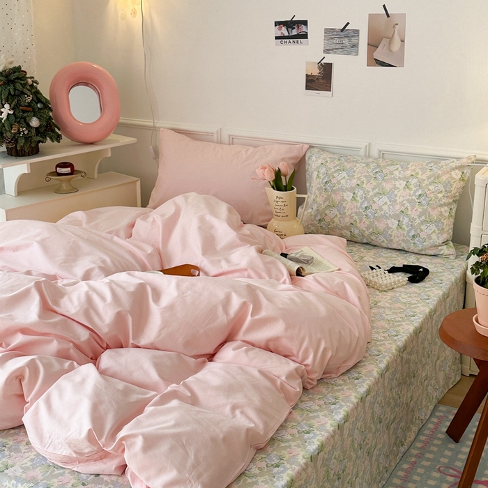 91家纺网 家纺一手货源 找家纺 昔可家纺 2024新款韩式混搭系列四件套 粉色布蕾