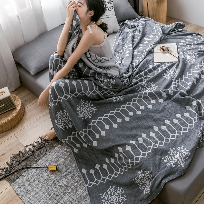 91家纺网 家纺一手货源 找家纺 朴尔家纺-毛巾被 2024新款三层水洗棉全棉纱布毛巾被 印第安-灰