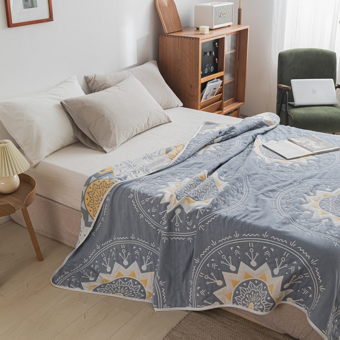 91家纺网 家纺一手货源 找家纺 朴尔 2023年抽象风格六层纱布毛巾被系列-朴尔经典款常年备货 洛丽塔-蓝