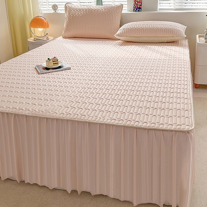 91家纺网 家纺一手货源 找家纺 爱洛 2024新款纯色床裙款乳胶凉席三件套凉感丝乳胶席 粉玉