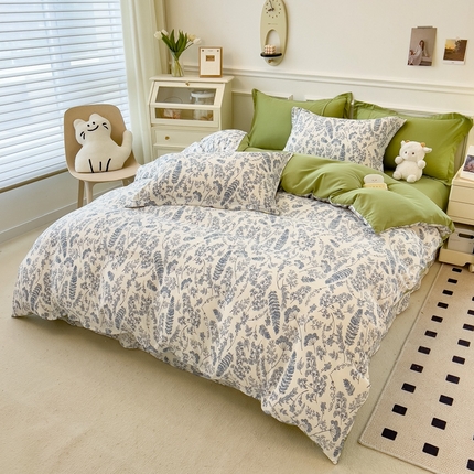 91家纺网 家纺一手货源 找家纺 宝士康家纺 2024新款水洗棉麻双层纱四件套系列  含羞草