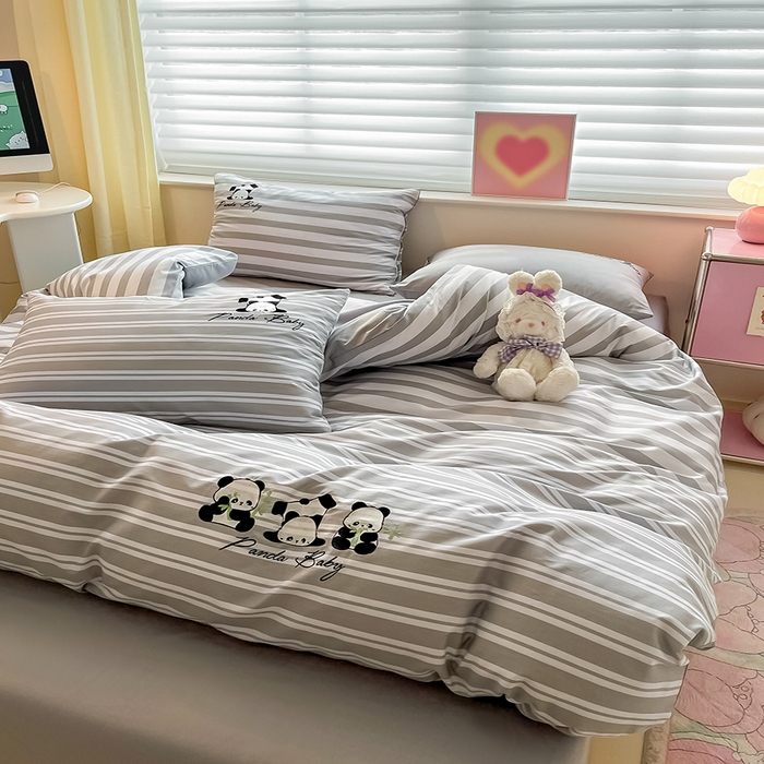 91家纺网 家纺一手货源 找家纺 2024蜜柚新品直播电商全棉13372ins博主风刺绣四件套 条纹熊猫