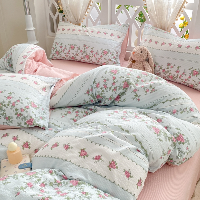 91家纺网 家纺一手货源 找家纺 牛牛家纺 牛牛  2024新款泡泡棉小清新四件套(1) 野玫瑰