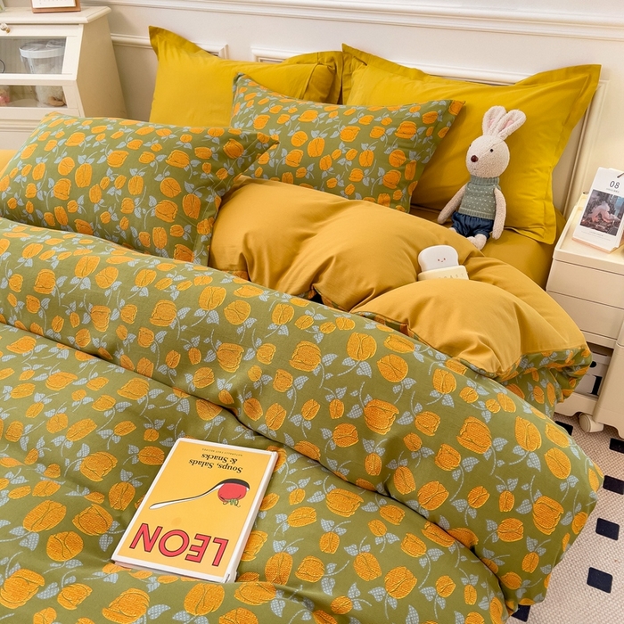 91家纺网 家纺一手货源 找家纺 宝士康家纺 2024新款水洗棉麻双层纱四件套系列  秋叶询丽