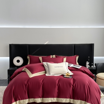91家纺网 家纺一手货源 找家纺 若未家居 2025新款50S长绒棉纯色撞色简约拼角款套件-洛斐 贵族红