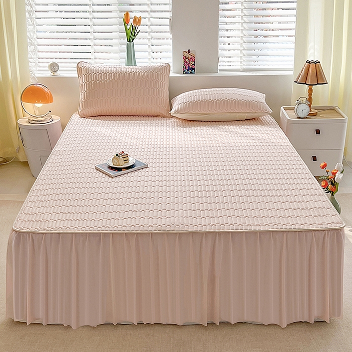 91家纺网 家纺一手货源 找家纺 爱洛 2024新款纯色床裙款乳胶凉席三件套凉感丝乳胶席 粉玉