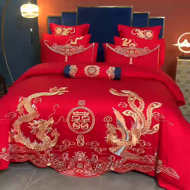 91家纺网 家纺一手货源 找家纺 慕她家纺 2025新款慕她婚庆四件套全棉纯棉结婚刺绣花多件套六八十床品 喜结连理