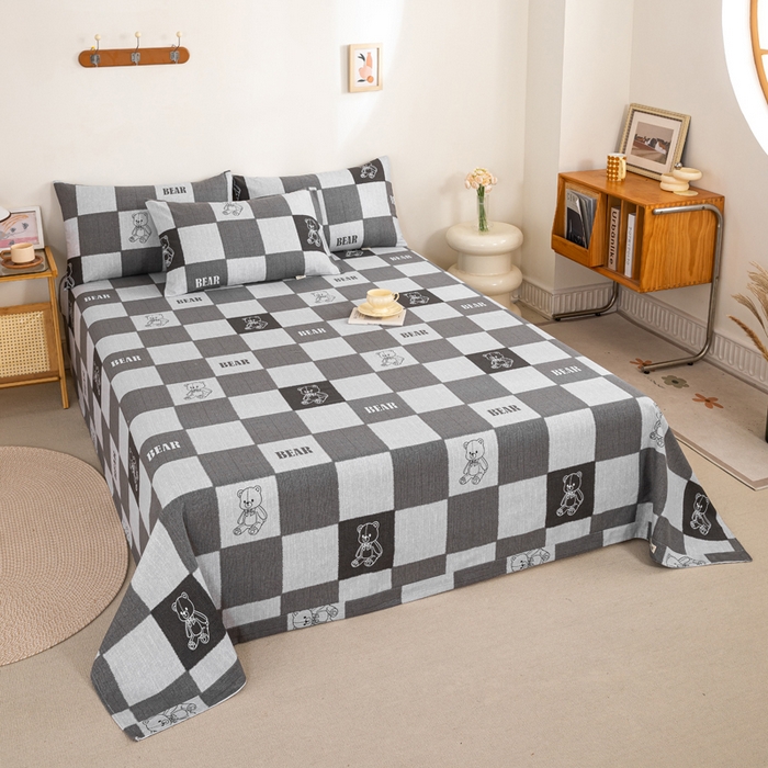 91家纺网 家纺一手货源 找家纺 九沐良品 新款全棉无印老粗布单品床单+三件套 巴比熊（灰）