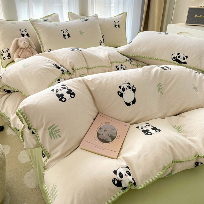 91家纺网 家纺一手货源 找家纺 洁柔供应链 2024新款印花水洗双层纱贝壳绣四件套    直播爆款 大熊猫