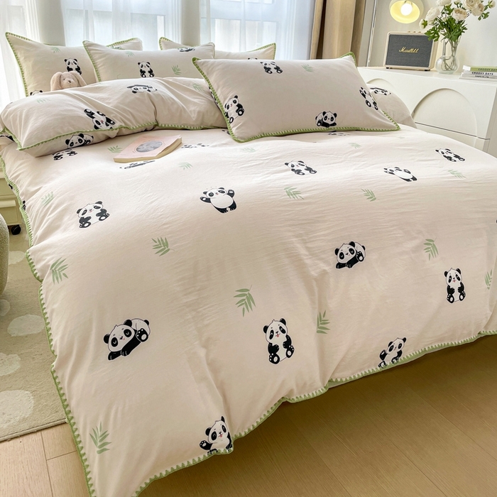 91家纺网 家纺一手货源 找家纺 洁柔供应链 2024新款印花水洗双层纱贝壳绣四件套    直播爆款 大熊猫