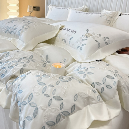 91家纺网 家纺一手货源 找家纺  【2024春夏新品】100支兰精天丝四件套纯色刺绣真丝床笠款床上用品 唐云-月光白