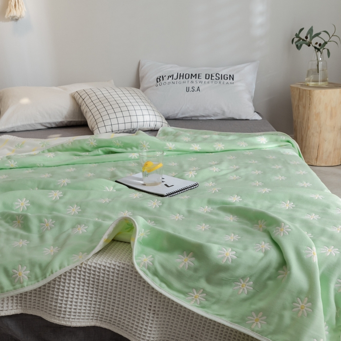 91家纺网 家纺一手货源 找家纺 朴尔 2024全尺寸经典六层纱布全棉毛巾被系列-朴尔经典款常年备货 小雏菊-绿