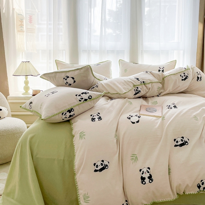 91家纺网 家纺一手货源 找家纺 洁柔供应链 2024新款印花水洗双层纱贝壳绣四件套    直播爆款 大熊猫