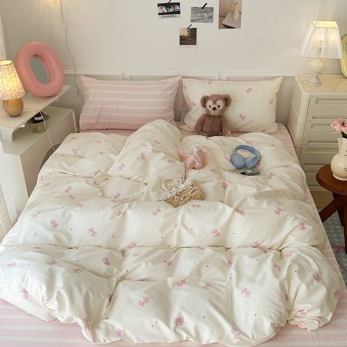 91家纺网 家纺一手货源 找家纺 昔可家纺 2024心动蝴蝶结系列四件套 点点粉蝴蝶结