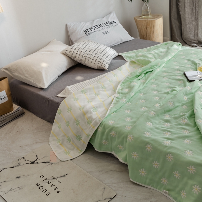 91家纺网 家纺一手货源 找家纺 朴尔2024经典六层纱布全棉毛巾被系列-朴尔经典款常年备货 小雏菊-绿