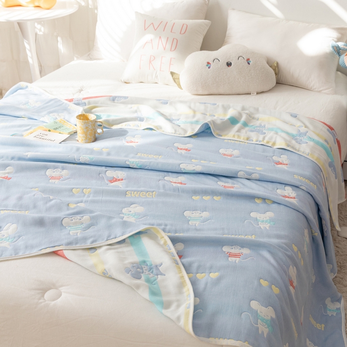 91家纺网 家纺一手货源 找家纺 朴尔家纺-毛巾被 2024年新款卡通系全棉六层纱毛巾被-朴尔经典款常年备货 开心鼠-蓝