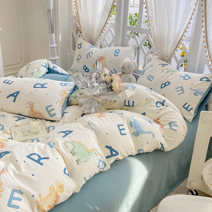 91家纺网 家纺一手货源 找家纺 牛牛家纺 牛牛  2024新款泡泡棉小清新四件套(1) 字母恐龙