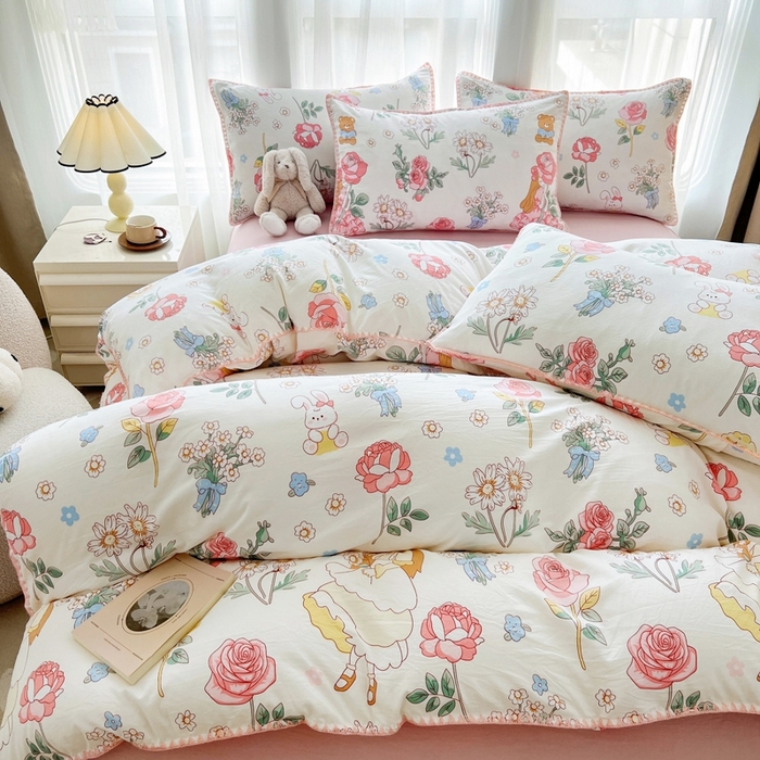 91家纺网 家纺一手货源 找家纺 洁柔供应链 2024新款印花水洗双层纱贝壳绣四件套    直播爆款 玫瑰花