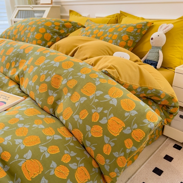 91家纺网 家纺一手货源 找家纺 宝士康家纺 2024新款水洗棉麻双层纱四件套系列  秋叶询丽