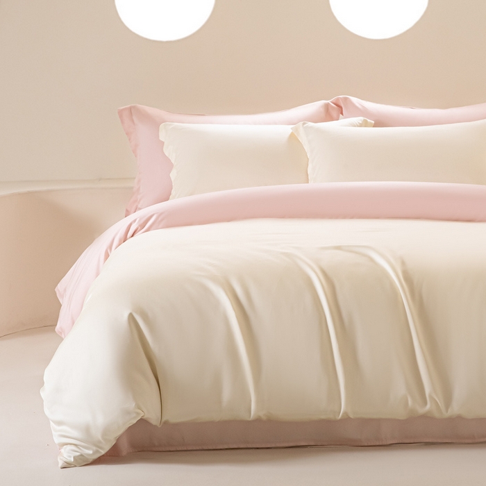 91家纺网 家纺一手货源 找家纺 涵宸 2024新款兰精天丝棉纯色四件套 四件套-象牙白+肉桂粉