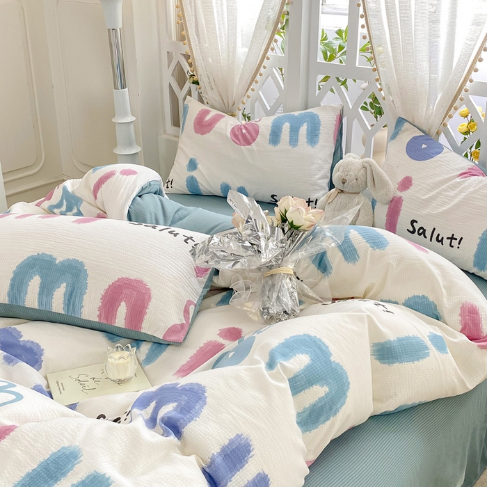 91家纺网 家纺一手货源 找家纺 牛牛家纺 牛牛  2024新款泡泡棉小清新四件套(1) 七彩兔