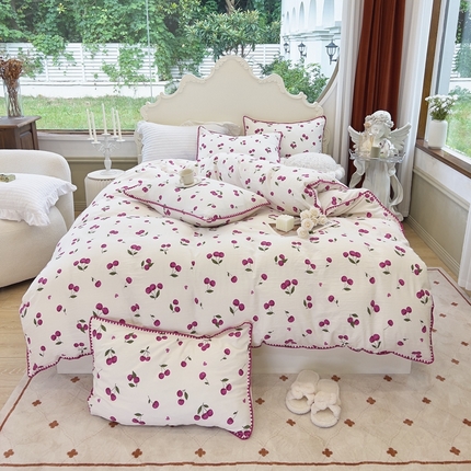 91家纺网 家纺一手货源 找家纺 （总）洁柔供应链 2024新款印花水洗双层纱贝壳绣四件套    直播爆款