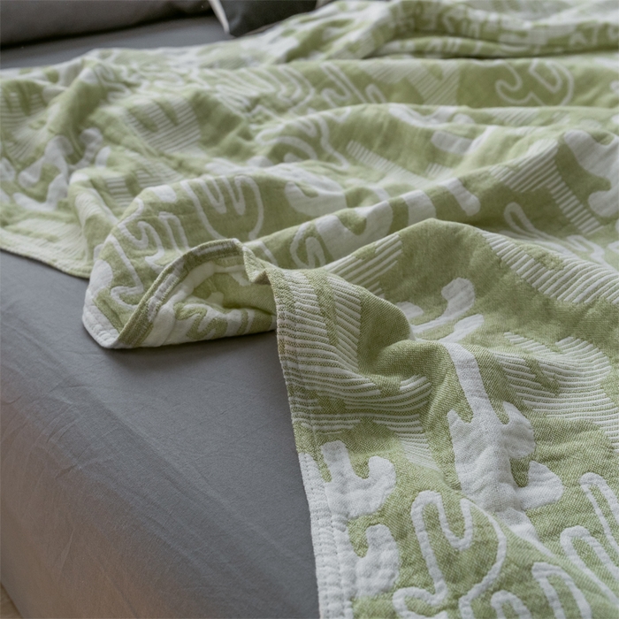 91家纺网 家纺一手货源 找家纺 朴尔家纺-毛巾被 2024新款三层水洗棉全棉纱布毛巾被 仙人掌-绿