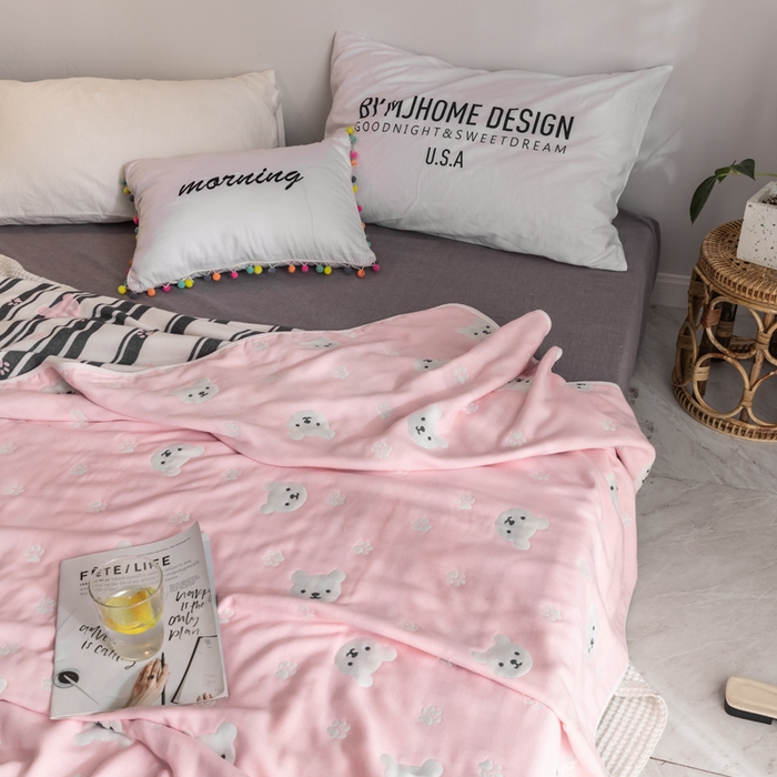 91家纺网 家纺一手货源 找家纺 朴尔2024经典六层纱布全棉毛巾被系列-朴尔经典款常年备货 甜蜜小熊-粉